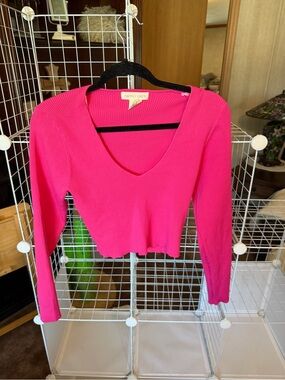 Happily Grey V-Neck Ribbed Long Sleeve Top - Hot Pink